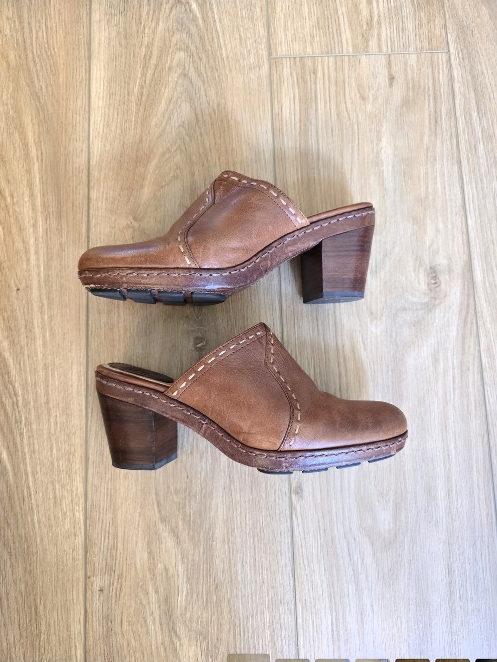 Frye Cognac Leather Block Heel Clog Mules